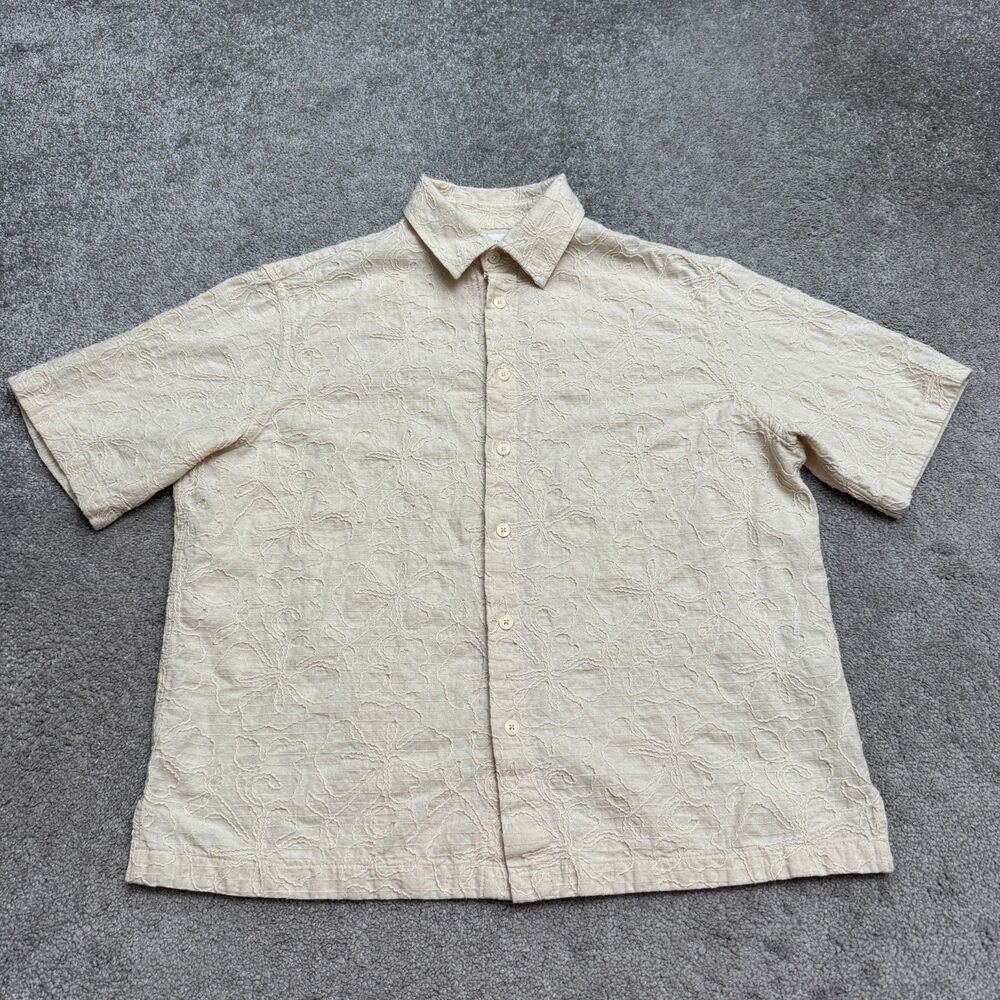Zara Linen Blend Embroidered Floral Shirt Mens XL Tan Beige Short Sleeve Button
